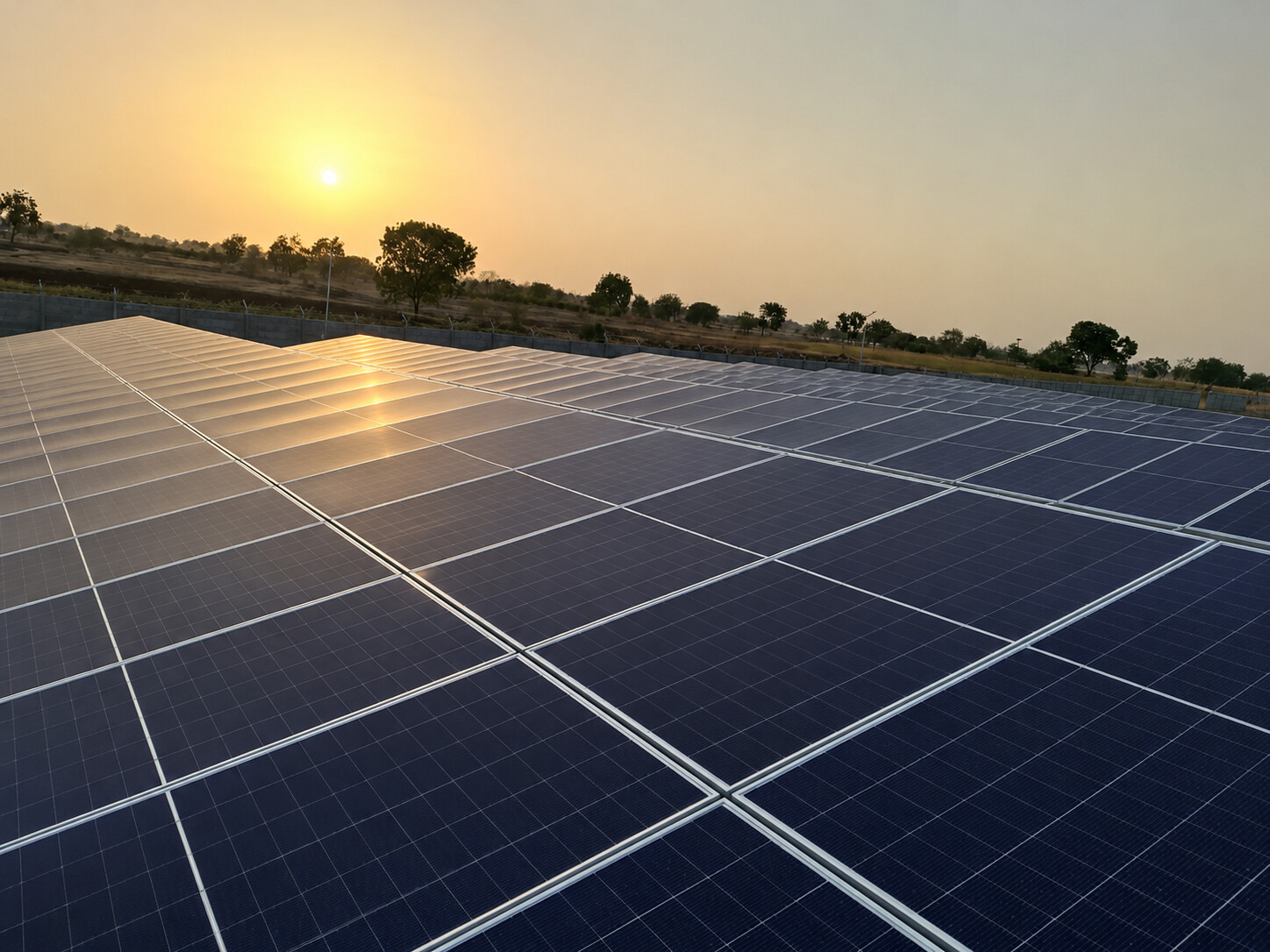Government solar programme installation at sunset